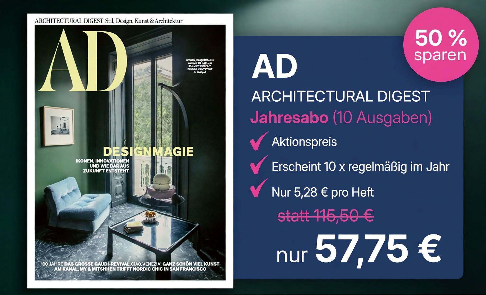 AD Architectural Digest Jahresabo: 10 Ausgaben für 57,75 € statt 115,50 €, 50 % sparen